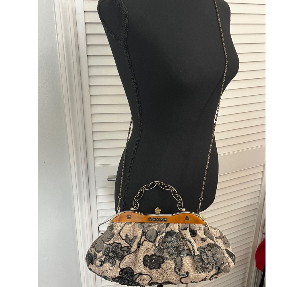 Vtg Leko London Handbag Beaded Embroidered Acrylic Panel Decor Elegant Chain - Picture 5 of 10